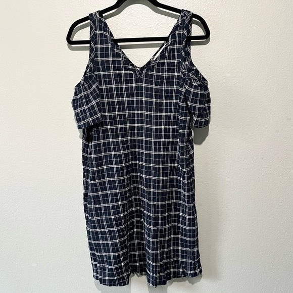 LOFT- Blue and White Pattern Mini Dress Off the Shoulder Size L - Picture 3 of 4